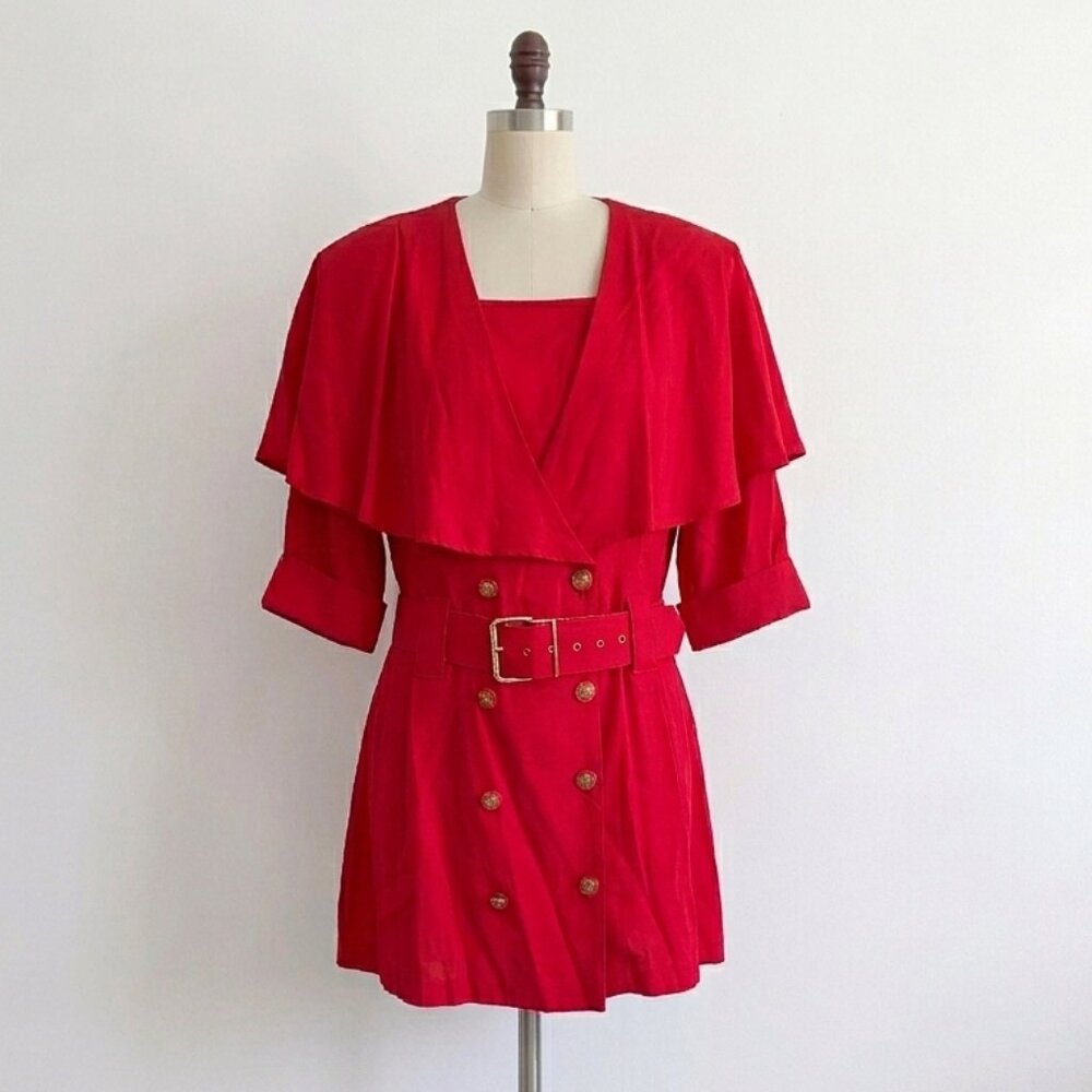 Vintage 80s Super Mini Coat Dress Double Breasted Ruffle Cape Suit Jackson